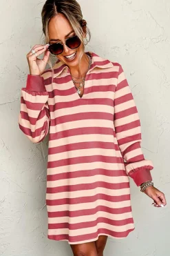 New Dear-Lover Collared V Neck Long Sleeve Loose Casual Dress Pink Stripe
