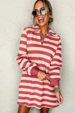 New Dear-Lover Collared V Neck Long Sleeve Loose Casual Dress Pink Stripe