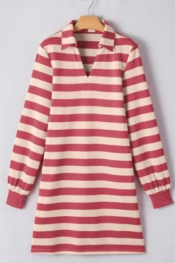 New Dear-Lover Collared V Neck Long Sleeve Loose Casual Dress Pink Stripe