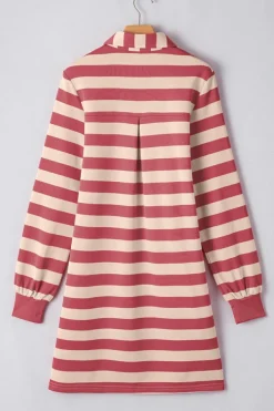 New Dear-Lover Collared V Neck Long Sleeve Loose Casual Dress Pink Stripe