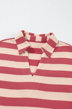 New Dear-Lover Collared V Neck Long Sleeve Loose Casual Dress Pink Stripe