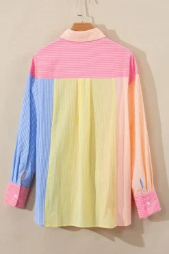 Sale Dear-Lover Color Block Chest Pocket Oversized Shirt Pink Stripe
