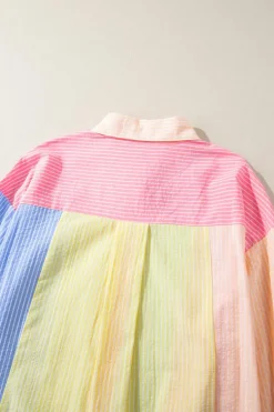 Sale Dear-Lover Color Block Chest Pocket Oversized Shirt Pink Stripe