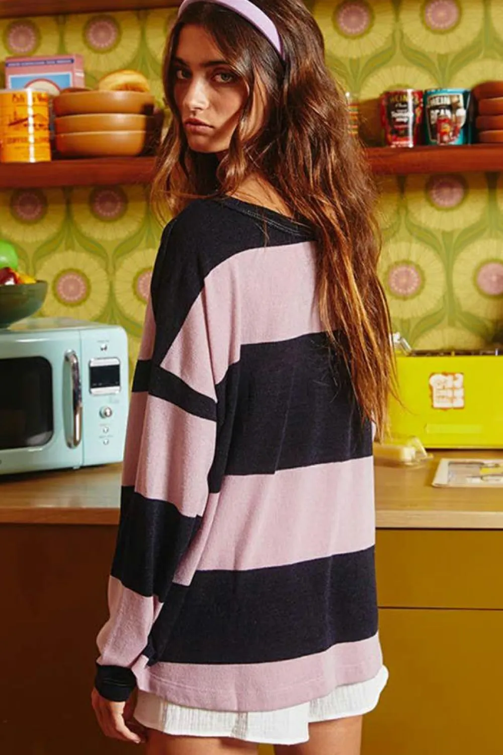 Discount Dear-Lover Color Block Number 22 Print Game Day Loose Long Sleeve Top Pink Stripe