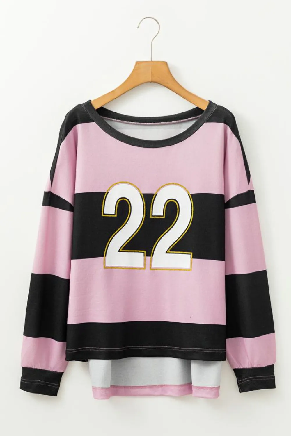 Discount Dear-Lover Color Block Number 22 Print Game Day Loose Long Sleeve Top Pink Stripe