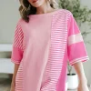 Hot Dear-Lover Color Block Patchwork Loose Half Sleeve T Shirt Pink Stripe