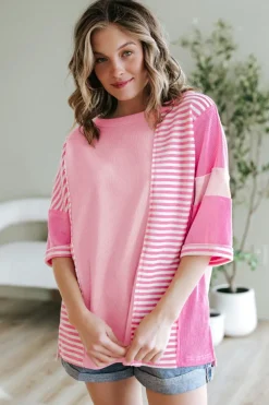 Hot Dear-Lover Color Block Patchwork Loose Half Sleeve T Shirt Pink Stripe