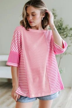 Hot Dear-Lover Color Block Patchwork Loose Half Sleeve T Shirt Pink Stripe