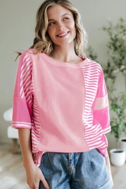 Hot Dear-Lover Color Block Patchwork Loose Half Sleeve T Shirt Pink Stripe