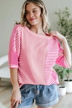 Hot Dear-Lover Color Block Patchwork Loose Half Sleeve T Shirt Pink Stripe