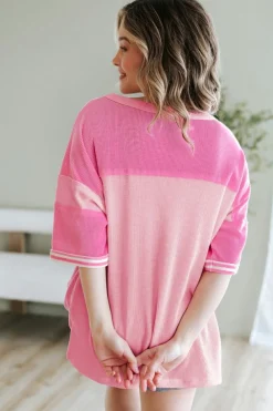 Hot Dear-Lover Color Block Patchwork Loose Half Sleeve T Shirt Pink Stripe