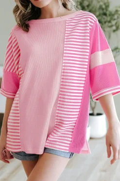 Hot Dear-Lover Color Block Patchwork Loose Half Sleeve T Shirt Pink Stripe