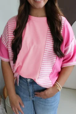 Hot Dear-Lover Color Block Patchwork Loose Half Sleeve T Shirt Pink Stripe