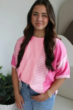 Hot Dear-Lover Color Block Patchwork Loose Half Sleeve T Shirt Pink Stripe