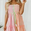 New Dear-Lover Color Block Smocked Button Front Frilled Strapless Mini Dress Pink Stripe
