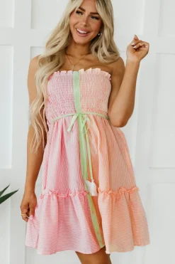 New Dear-Lover Color Block Smocked Button Front Frilled Strapless Mini Dress Pink Stripe
