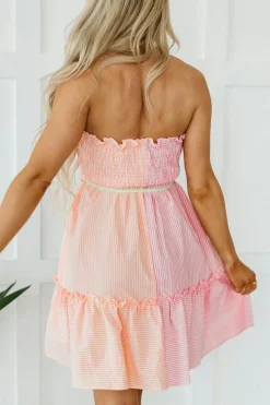 New Dear-Lover Color Block Smocked Button Front Frilled Strapless Mini Dress Pink Stripe