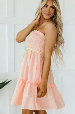 New Dear-Lover Color Block Smocked Button Front Frilled Strapless Mini Dress Pink Stripe
