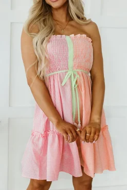 New Dear-Lover Color Block Smocked Button Front Frilled Strapless Mini Dress Pink Stripe