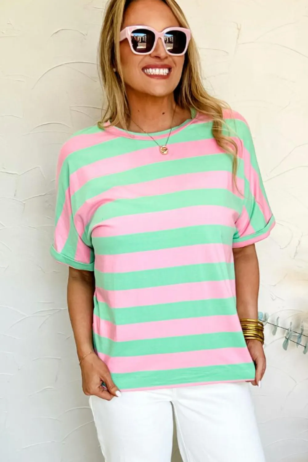 Discount Dear-Lover Colorblock Cuffed Sleeve Loose Tee Pink Stripe