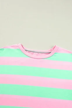 Discount Dear-Lover Colorblock Cuffed Sleeve Loose Tee Pink Stripe