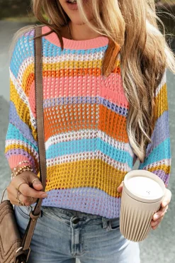 Fashion Dear-Lover Colorblock Hollowed Crochet 3/4 Sleeve Sweater Pink Stripe