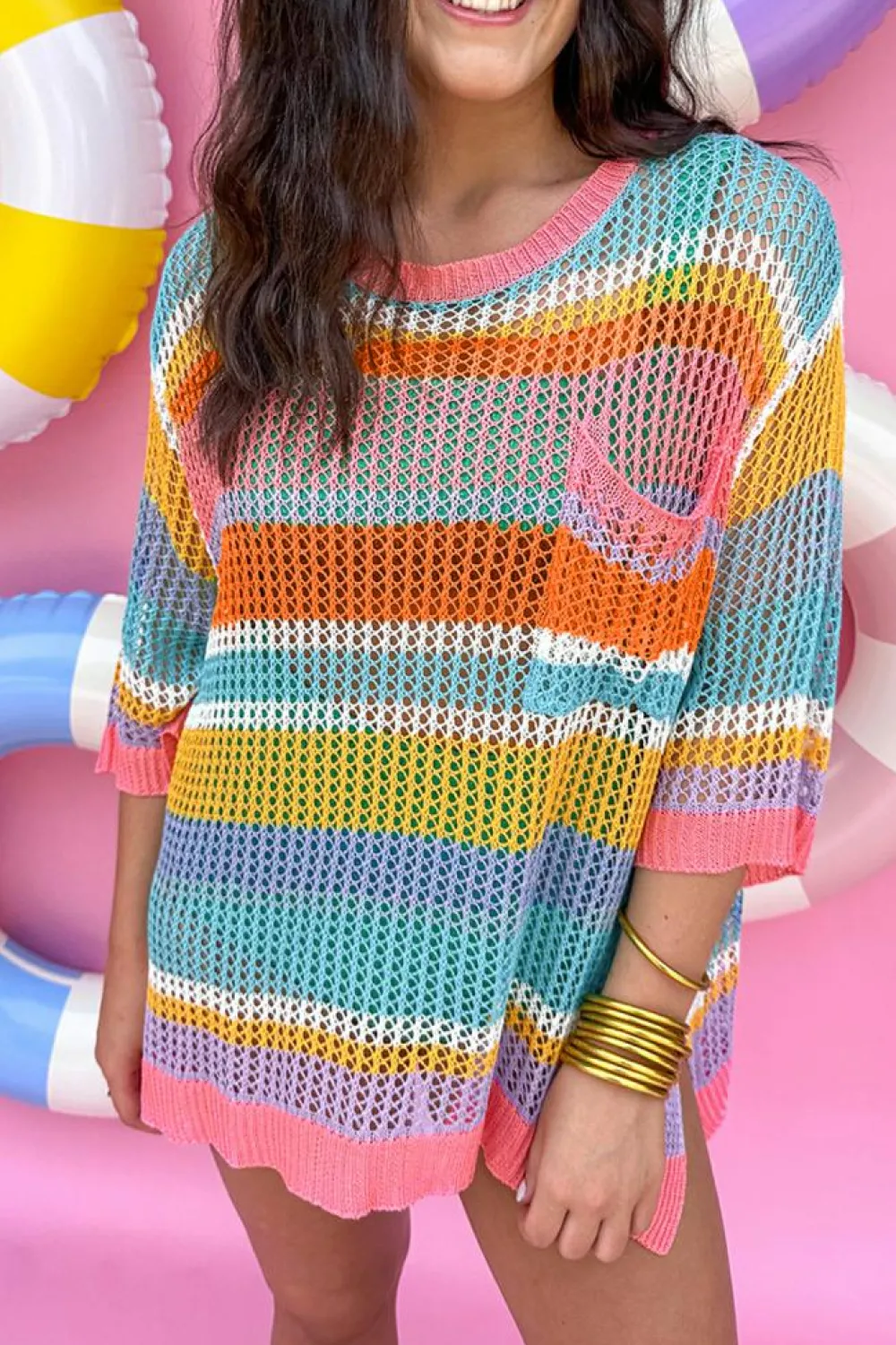 Fashion Dear-Lover Colorblock Hollowed Crochet 3/4 Sleeve Sweater Pink Stripe