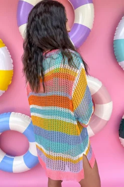 Fashion Dear-Lover Colorblock Hollowed Crochet 3/4 Sleeve Sweater Pink Stripe