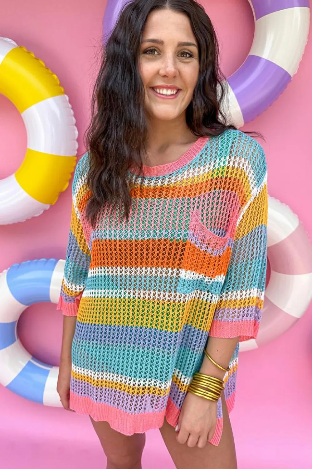 Fashion Dear-Lover Colorblock Hollowed Crochet 3/4 Sleeve Sweater Pink Stripe