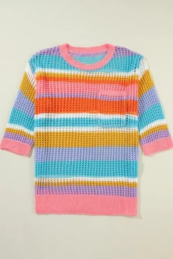 Fashion Dear-Lover Colorblock Hollowed Crochet 3/4 Sleeve Sweater Pink Stripe