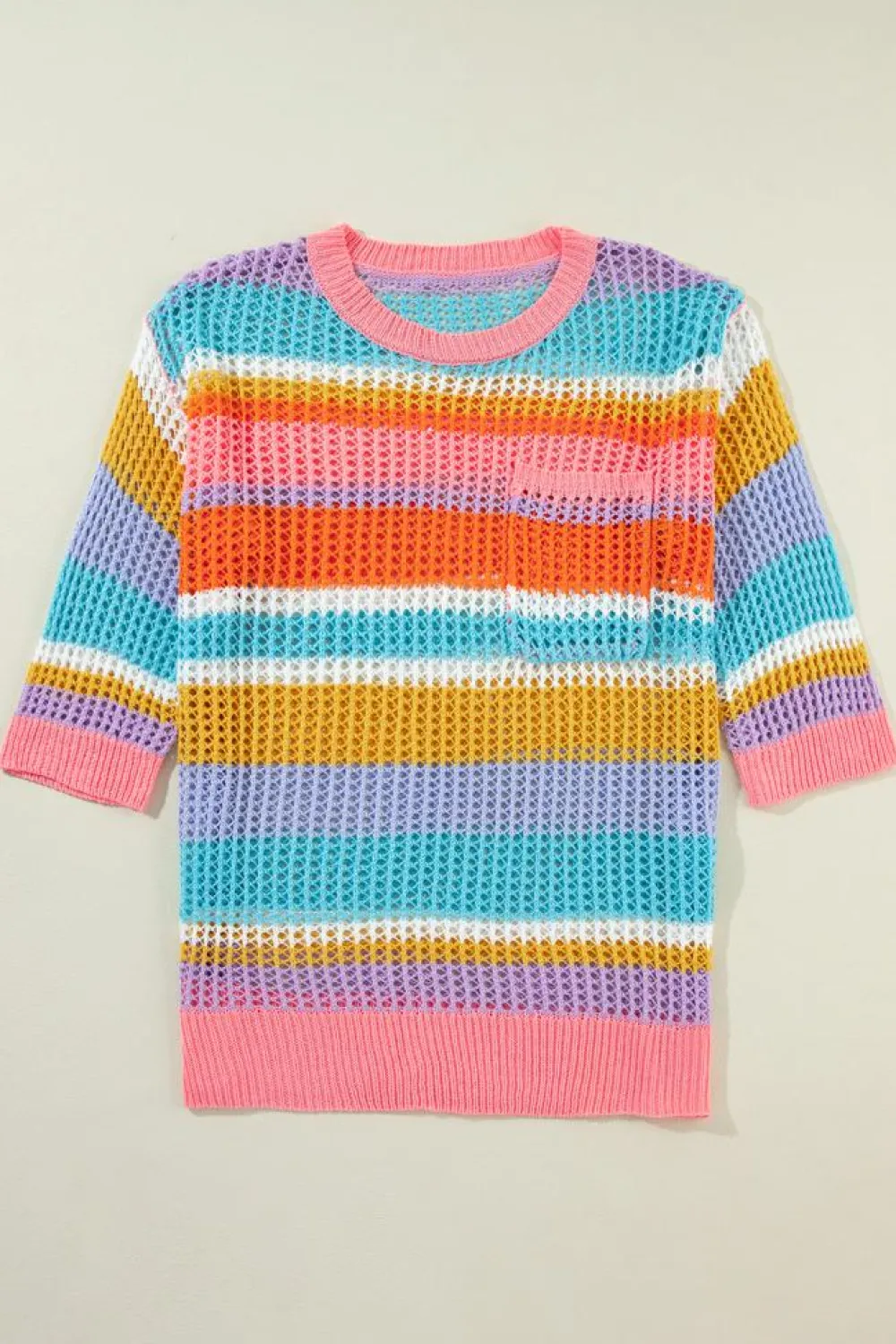 Fashion Dear-Lover Colorblock Hollowed Crochet 3/4 Sleeve Sweater Pink Stripe