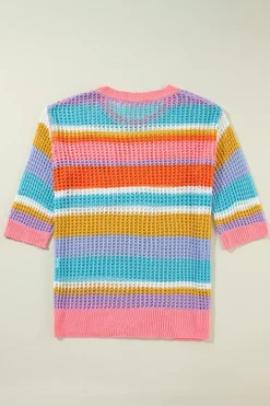 Fashion Dear-Lover Colorblock Hollowed Crochet 3/4 Sleeve Sweater Pink Stripe