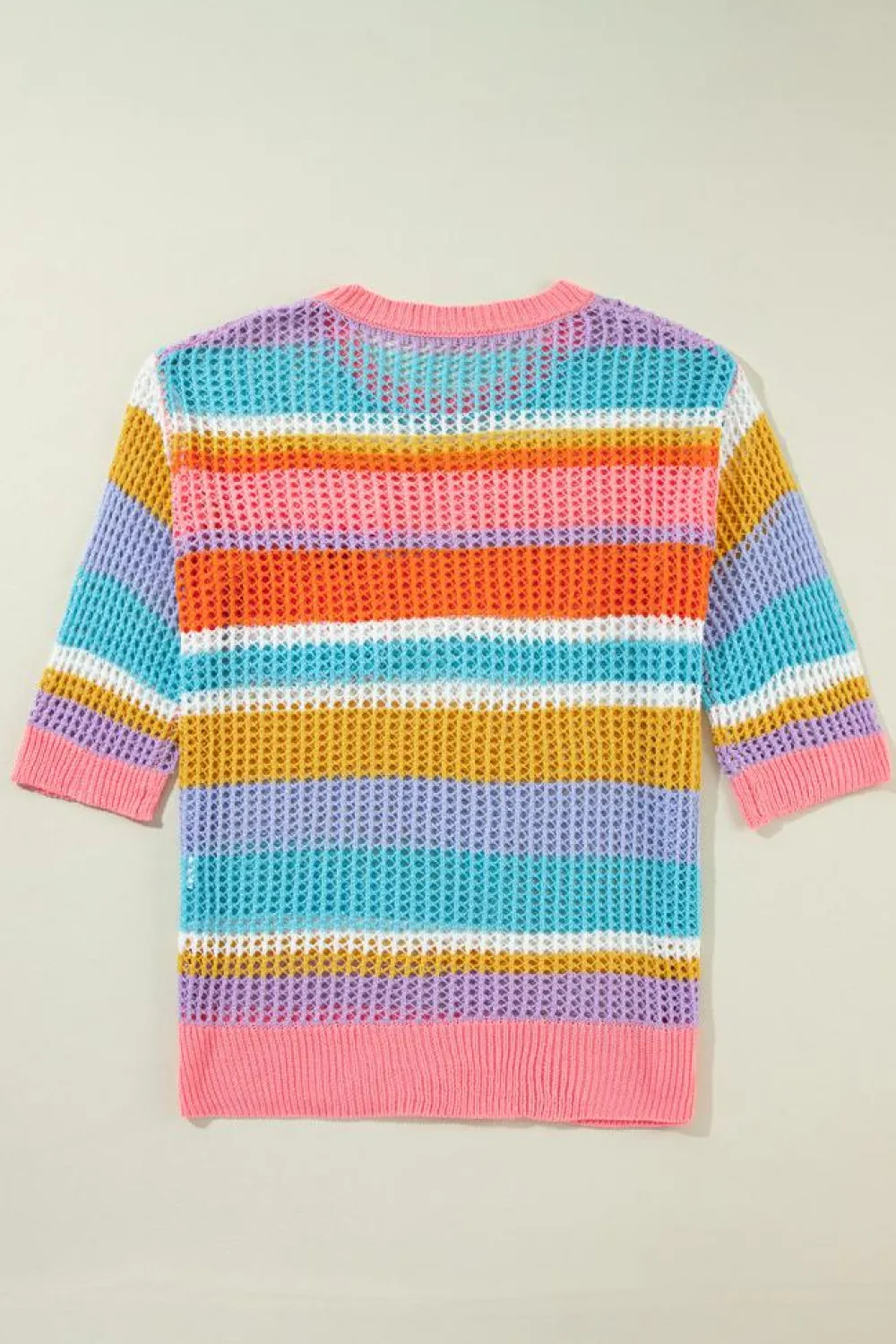 Fashion Dear-Lover Colorblock Hollowed Crochet 3/4 Sleeve Sweater Pink Stripe