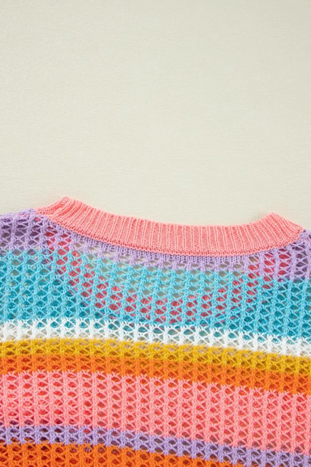 Fashion Dear-Lover Colorblock Hollowed Crochet 3/4 Sleeve Sweater Pink Stripe