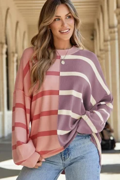 Fashion Dear-Lover Colorblock Oversized Sweater Pink Stripe