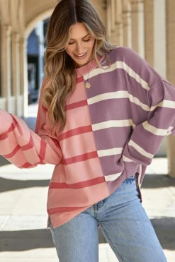 Fashion Dear-Lover Colorblock Oversized Sweater Pink Stripe