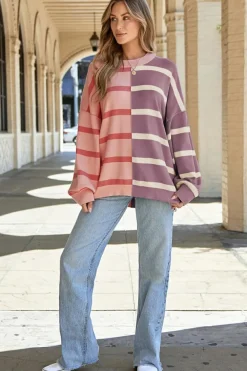 Fashion Dear-Lover Colorblock Oversized Sweater Pink Stripe