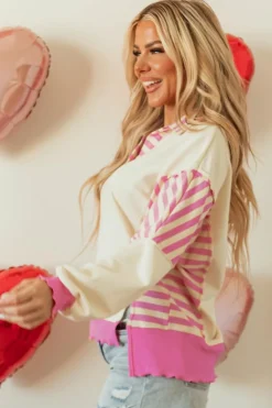 Online Dear-Lover Colorblock Patchwork Collared French Terry Knit Top Pink Stripe