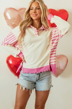 Online Dear-Lover Colorblock Patchwork Collared French Terry Knit Top Pink Stripe