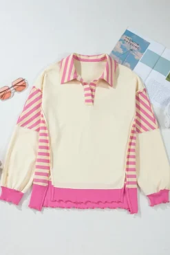 Online Dear-Lover Colorblock Patchwork Collared French Terry Knit Top Pink Stripe