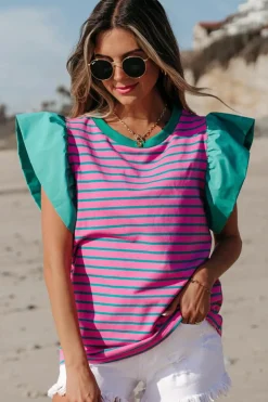 New Dear-Lover Colorblock Ruffled Sleeve Crew Neck Blouse Pink Stripe