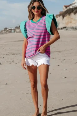 New Dear-Lover Colorblock Ruffled Sleeve Crew Neck Blouse Pink Stripe