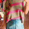 New Dear-Lover Colorblock Short Sleeve Crew Neck Lightweight Sweater Pink Stripe