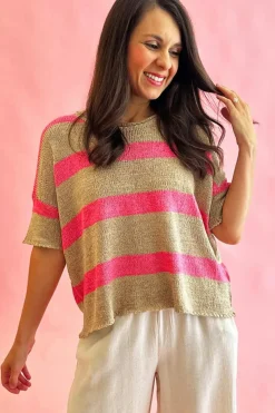 New Dear-Lover Colorblock Short Sleeve Crew Neck Lightweight Sweater Pink Stripe