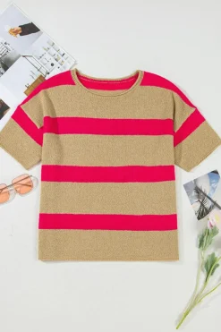 New Dear-Lover Colorblock Short Sleeve Crew Neck Lightweight Sweater Pink Stripe