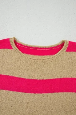 New Dear-Lover Colorblock Short Sleeve Crew Neck Lightweight Sweater Pink Stripe