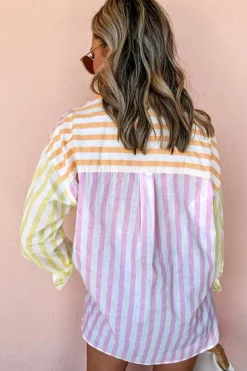 New Dear-Lover Contrast Collar Long Sleeve Patchwork Shirt Pink Stripe