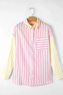 New Dear-Lover Contrast Collar Long Sleeve Patchwork Shirt Pink Stripe