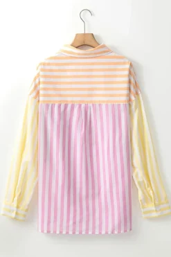 New Dear-Lover Contrast Collar Long Sleeve Patchwork Shirt Pink Stripe