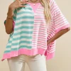 New Dear-Lover Contrast Patchwork Oversized T Shirt Pink Stripe